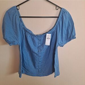 NWT American Eagle Puff Sleeve Button Front Top Blue Size S